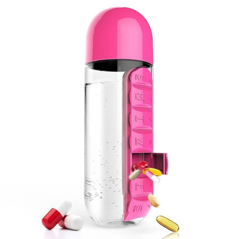 Pill Box Organizer with 600ML Water Bottle – Portable & Convenient.