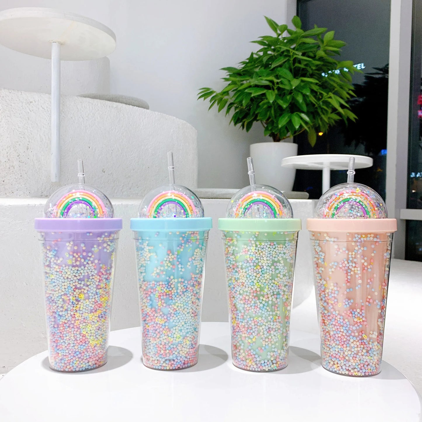Creative Rainbow Plastic Straw Cup, Lovely Water Bottle, Colorful Drinking Mug for Girls, Students, Portable Juice Cup 550ml New