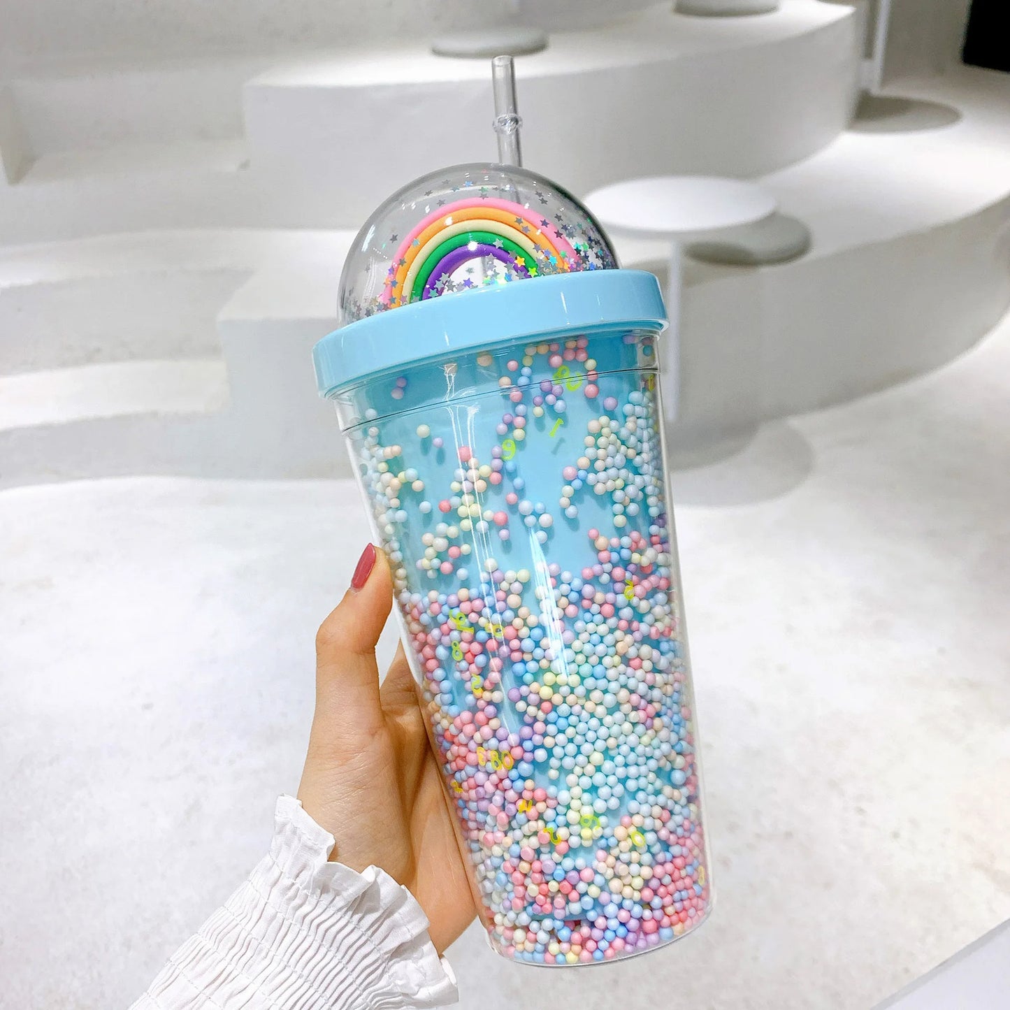 Creative Rainbow Plastic Straw Cup, Lovely Water Bottle, Colorful Drinking Mug for Girls, Students, Portable Juice Cup 550ml New