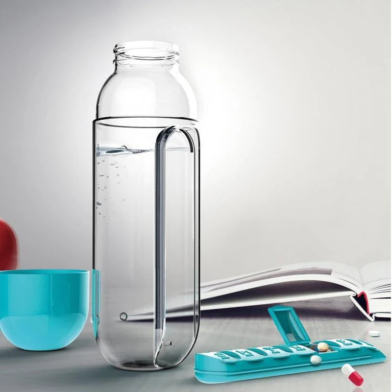 Pill Box Organizer with 600ML Water Bottle – Portable & Convenient.