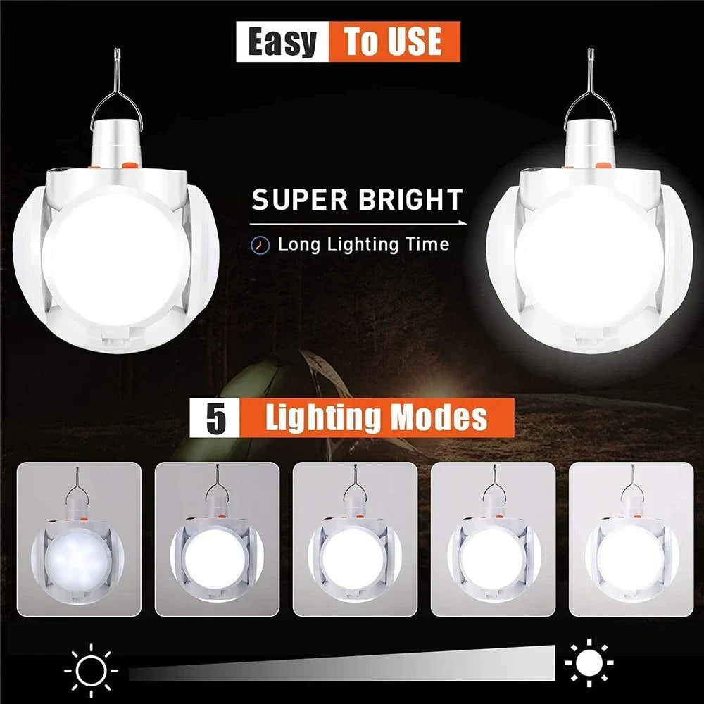 Solar LED Camping Light - USB Rechargeable Bulb for Outdoor Tent Lamp