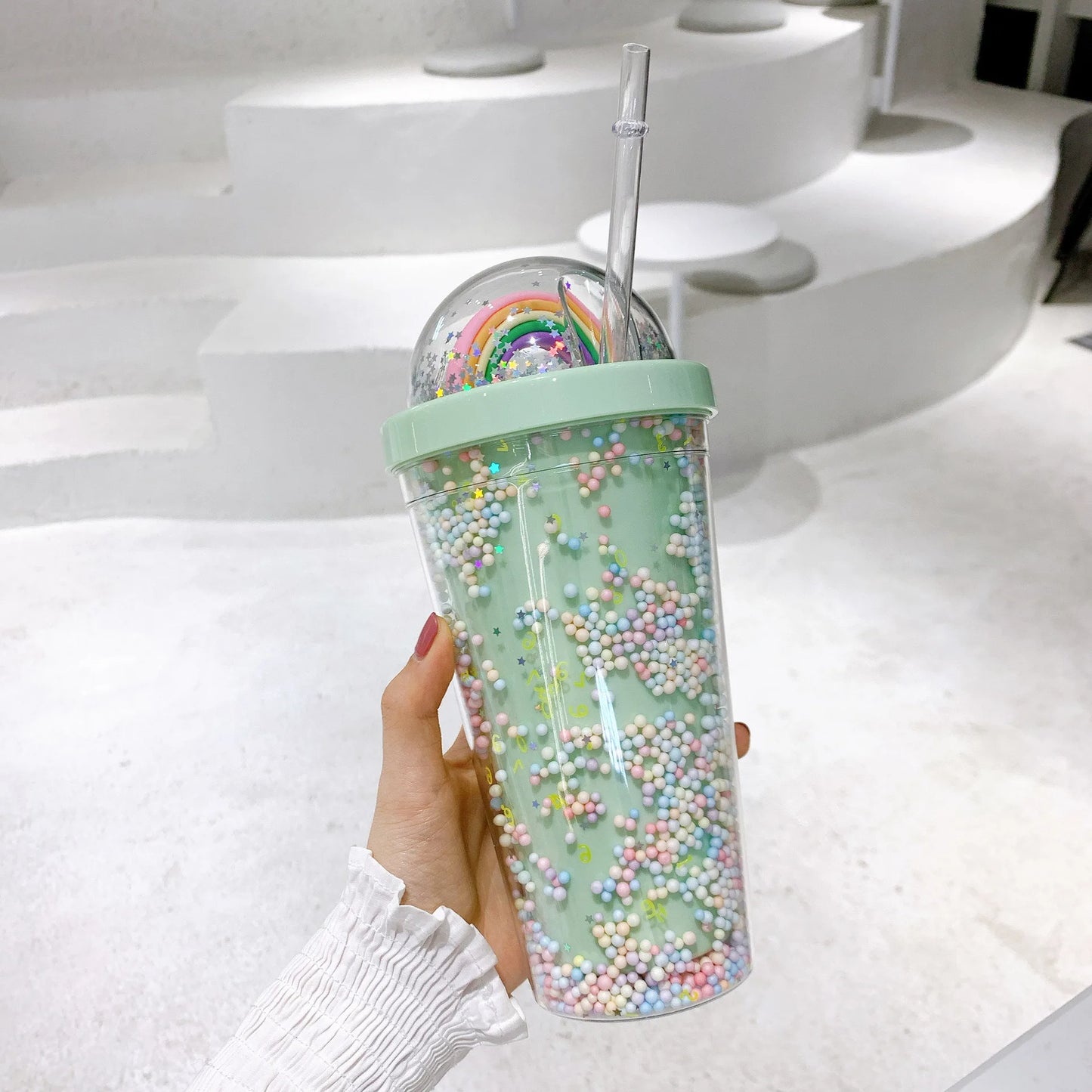 Creative Rainbow Plastic Straw Cup, Lovely Water Bottle, Colorful Drinking Mug for Girls, Students, Portable Juice Cup 550ml New