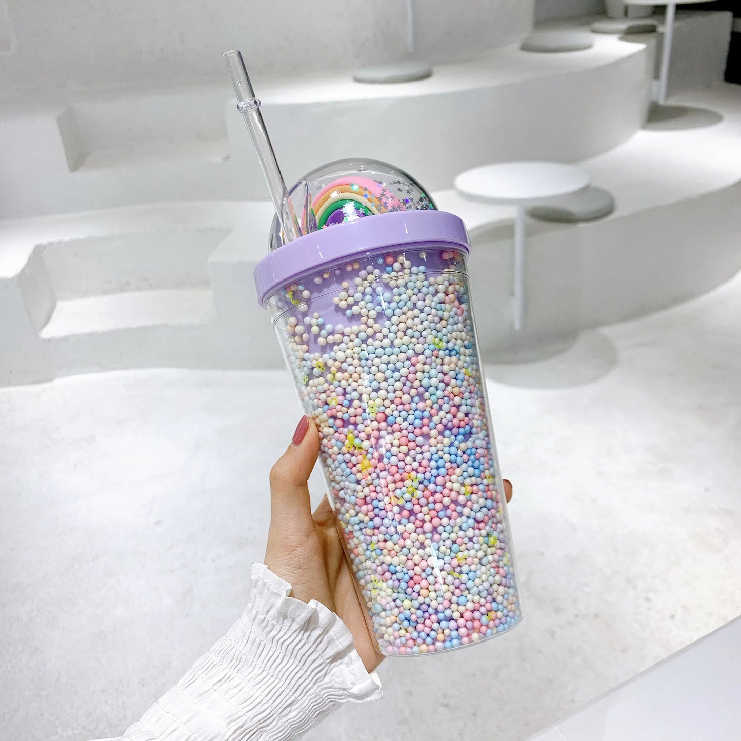 Creative Rainbow Plastic Straw Cup, Lovely Water Bottle, Colorful Drinking Mug for Girls, Students, Portable Juice Cup 550ml New