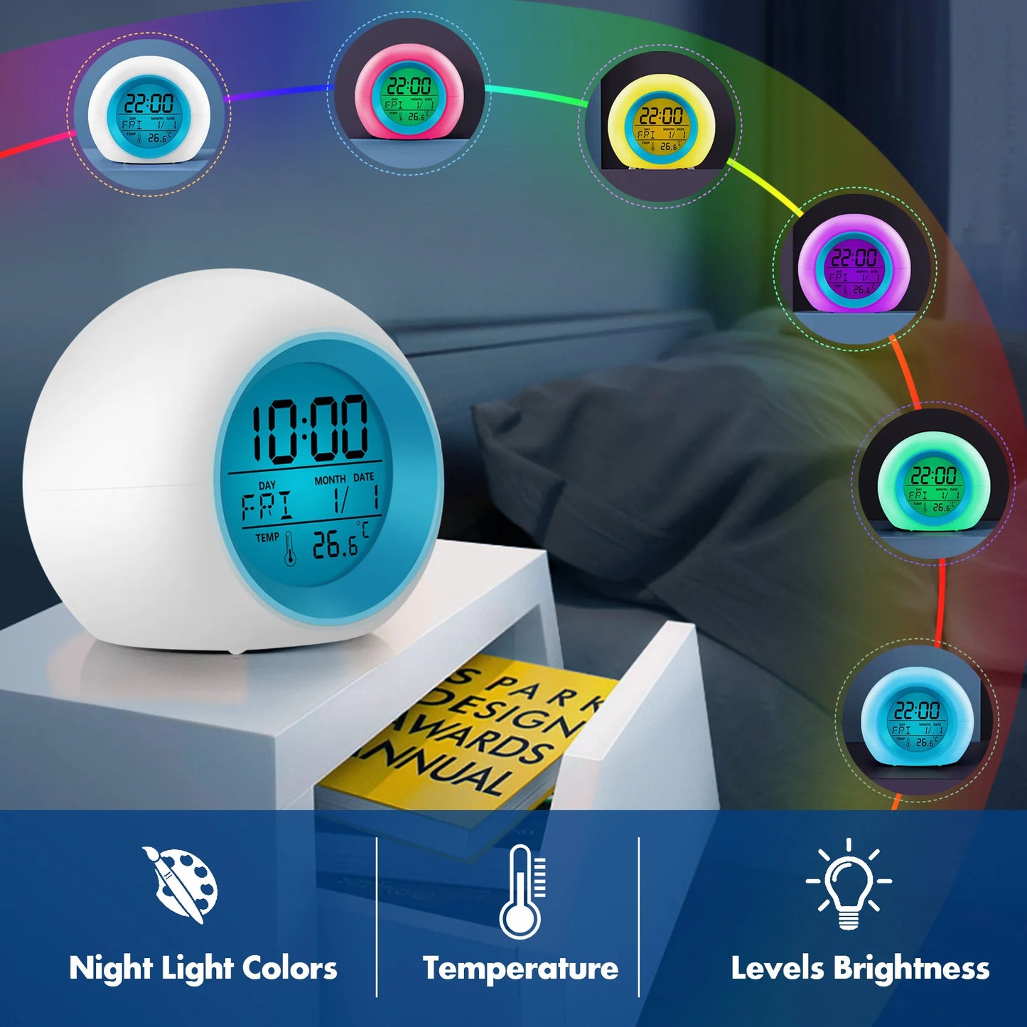 Colour Changing Digital Timer Alarm Clock - Glowing LED with Temperature Display