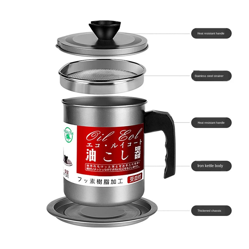 Leakproof Can Grease Container Kitchen Tool Kettle Cooking Separator Multifunction Frying Pot with Strainer Oil Storage 1.4L