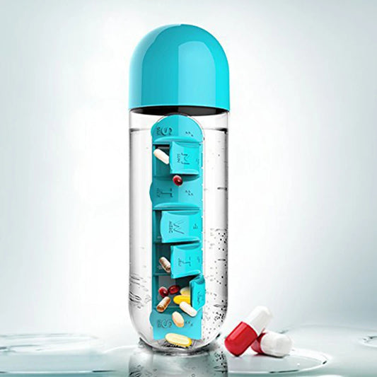 Pill Box Organizer with 600ML Water Bottle – Portable & Convenient.