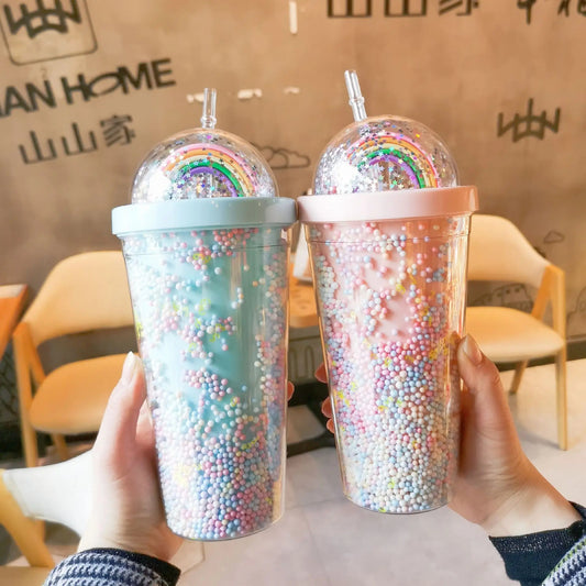 Creative Rainbow Plastic Straw Cup, Lovely Water Bottle, Colorful Drinking Mug for Girls, Students, Portable Juice Cup 550ml New