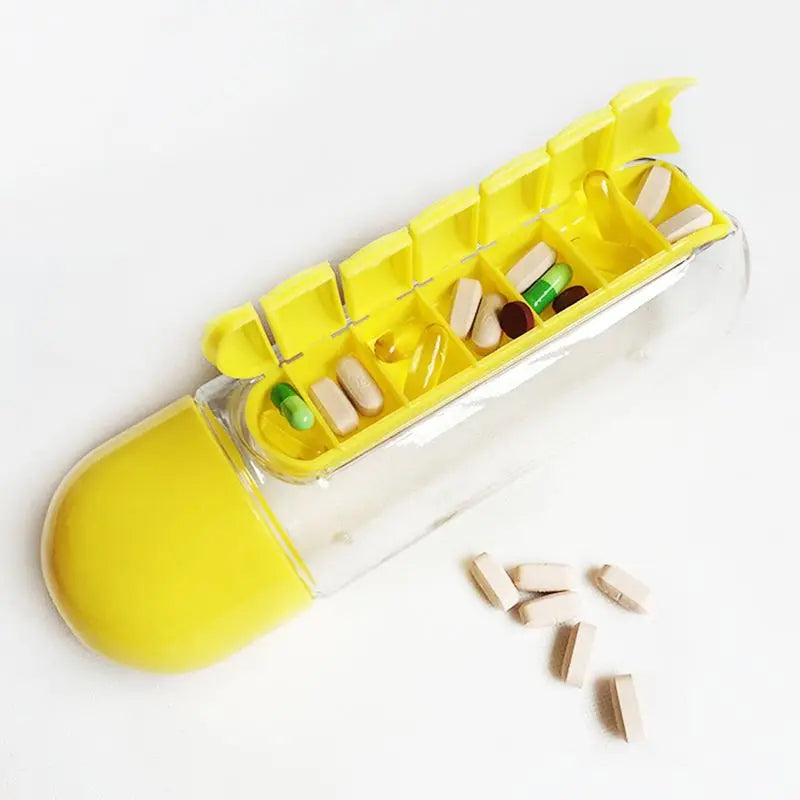 Pill Box Organizer with 600ML Water Bottle – Portable & Convenient.