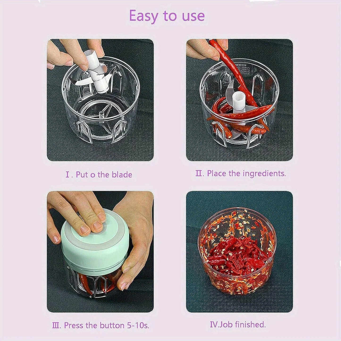 Rechargeable 250ML 3 Blades Garlic Food Processor Chopper