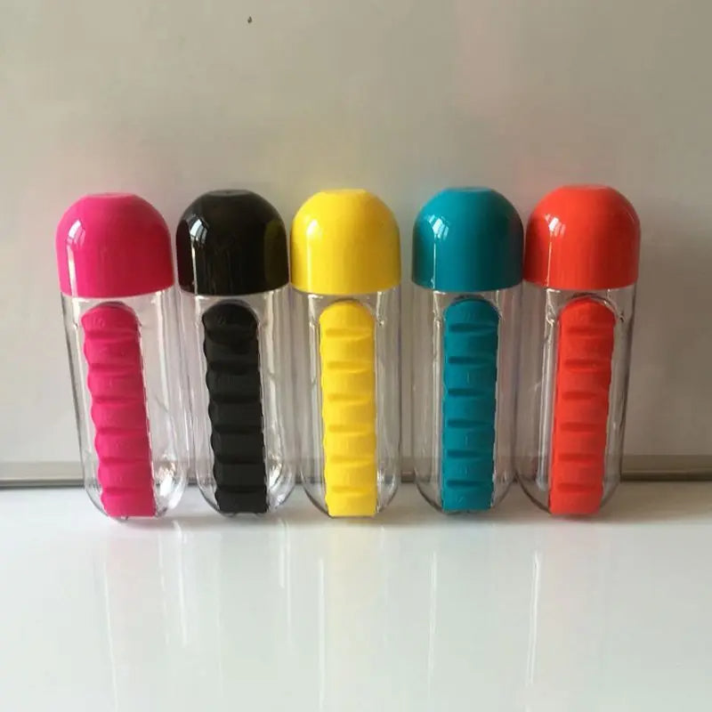 Pill Box Organizer with 600ML Water Bottle – Portable & Convenient.