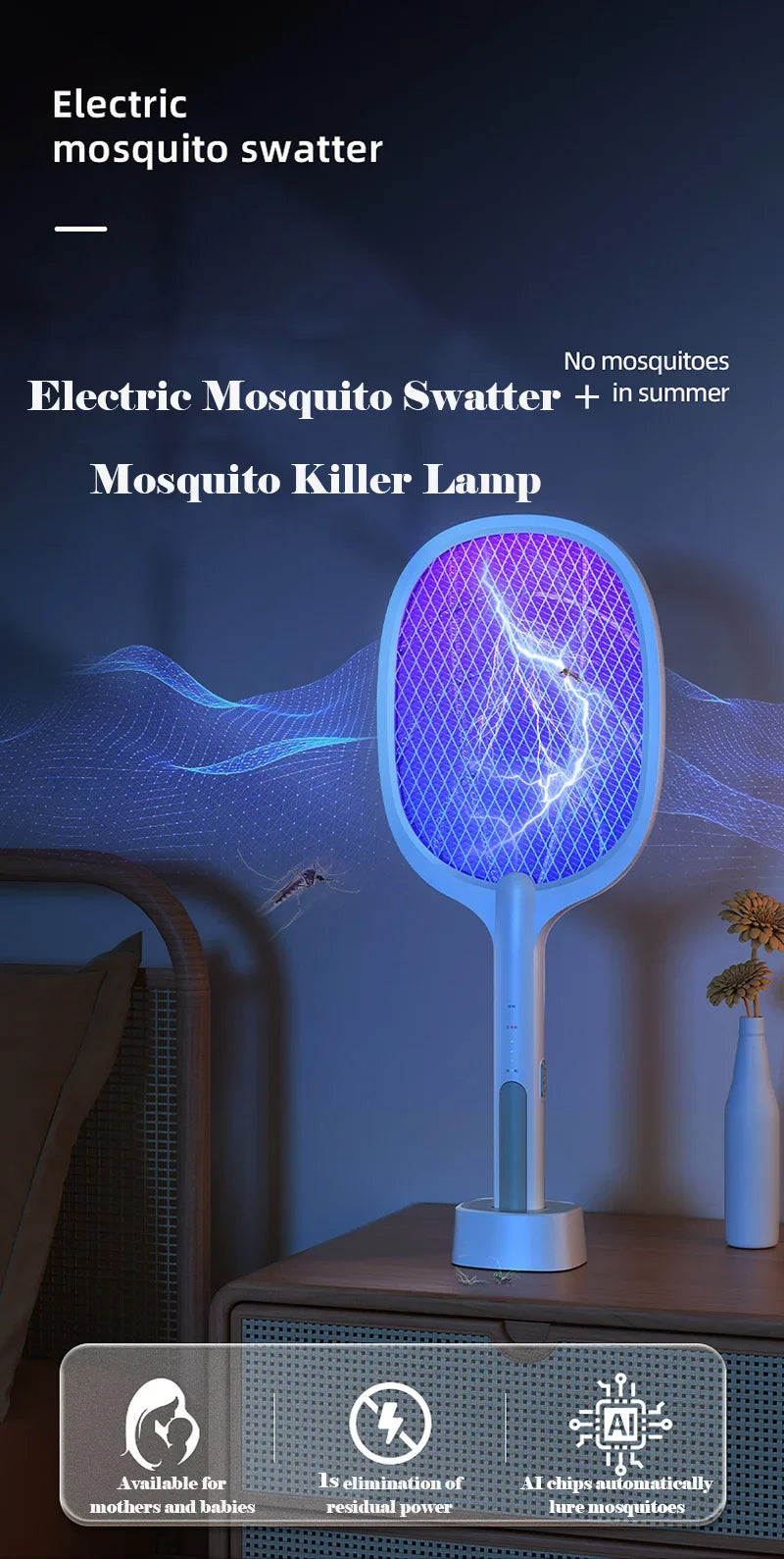Mosquito Killer Lamp USB Rechargeable Electric Mosquito Net Fly Swatter with UV Light Base Charge Protect Baby in Summer